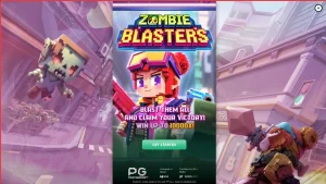 Tampilan layar permainan slot Zombie Blasters dengan elemen retro arcade