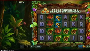 Pemandangan hutan lebat dengan simbol kuil emas di slot Hit the Jungle
